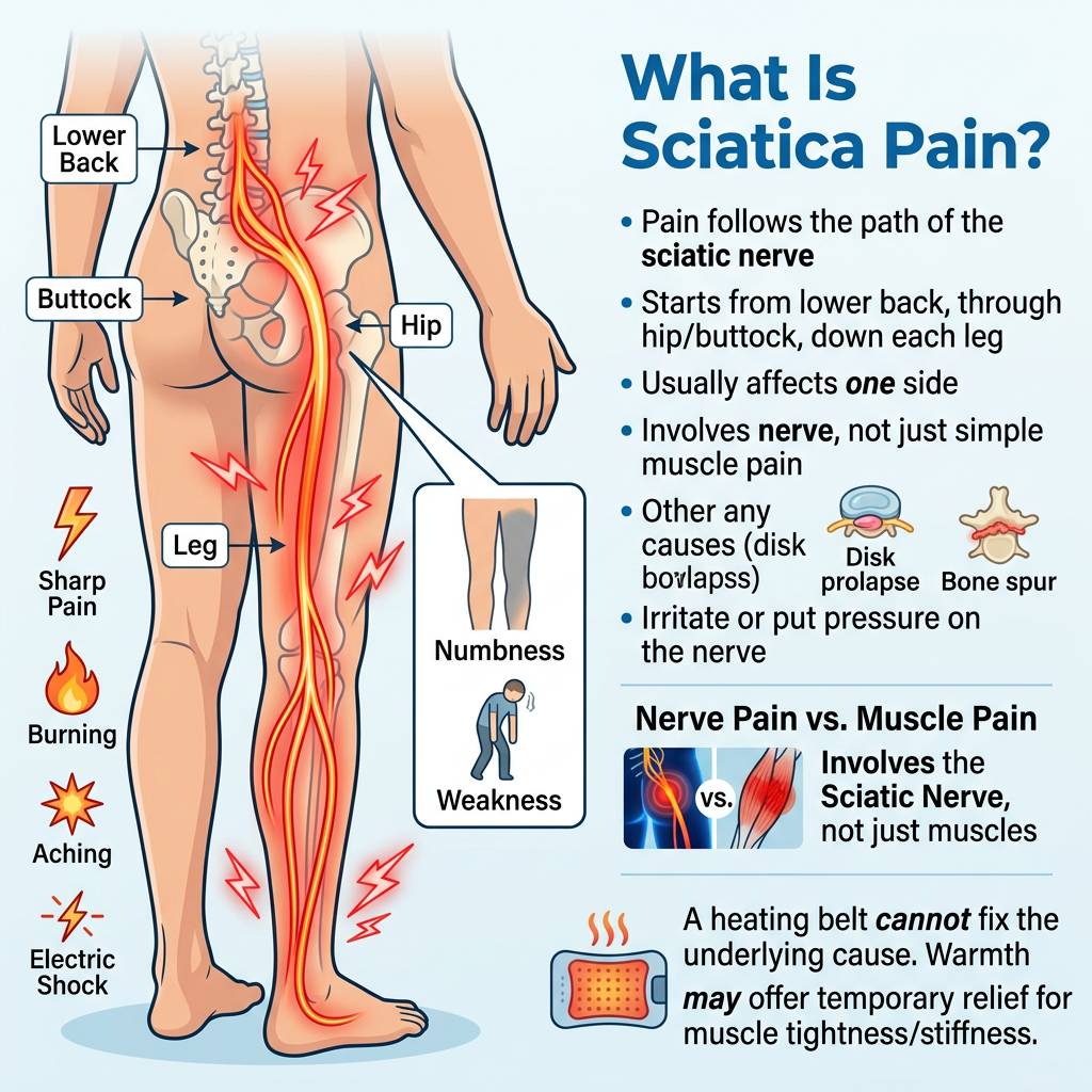 Infographic explaining sciatica pain, symptoms, causes, and nerve pathway